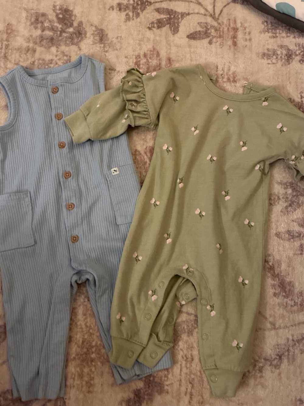 Carter's Green Floral Ruffle One-Piece & Blue Ribbed Button Romper Set